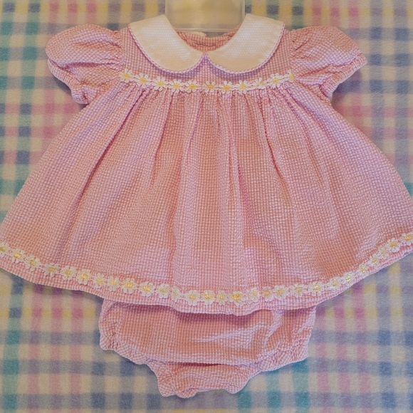 BRIGHT FUTURE ♡ Vintage 2pc Pink|White Daisy Floral Seersucker Dress Outfit 0-3M - Picture 5 of 15